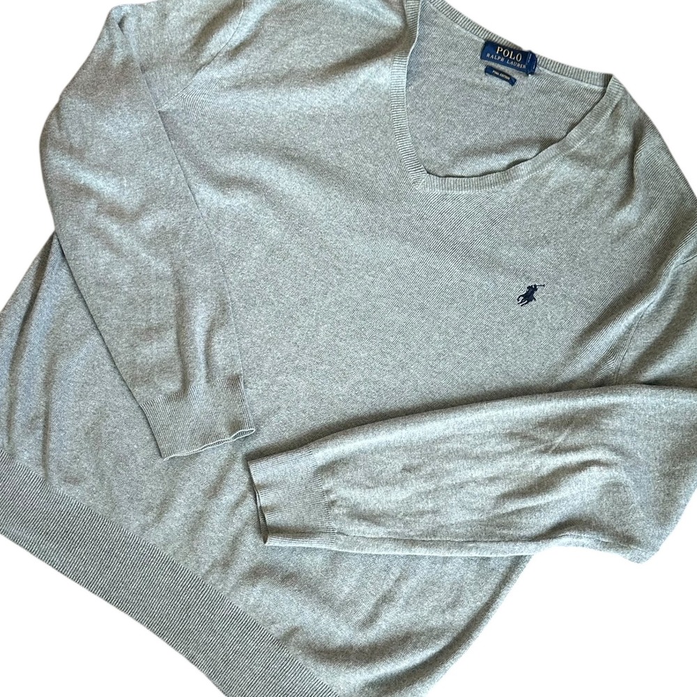 Polo Ralph Lauren Sweater Men's Large Gray V‎ Neck Pima Cotton Long Sleeve